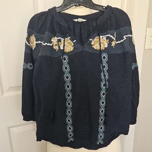 Vintage Lucky Brand Navy Embroidered Floral Boho Peasant Blouse